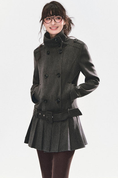Stand Collar Pleated Coat Dress