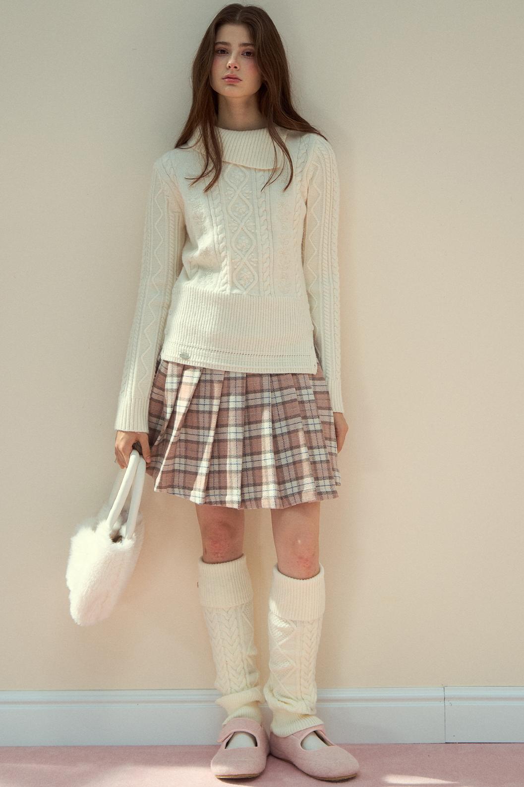Pink Plaid Wool Pleated Skirt