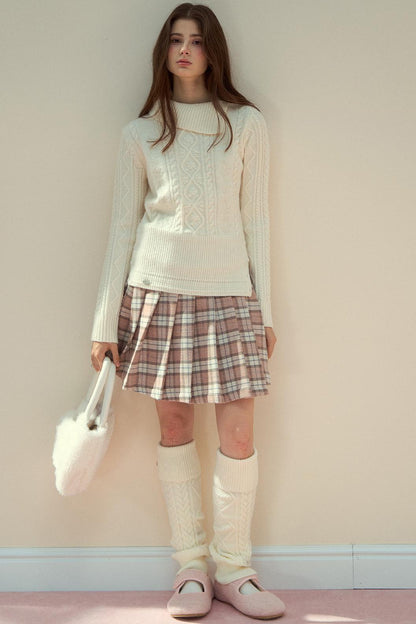 Pink Plaid Wool Pleated Skirt