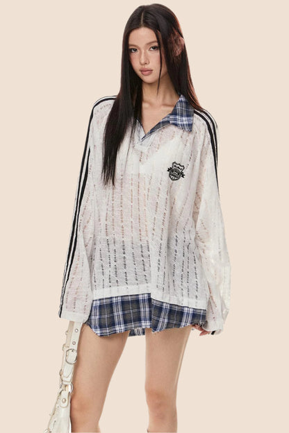 EZEK 아메리칸 레트로 스트라이프 스티칭 대비 약간 투명한 컷아웃 풀오버 스웨트셔츠 여성용 루즈 캐주얼 베이비 탑 타이드 