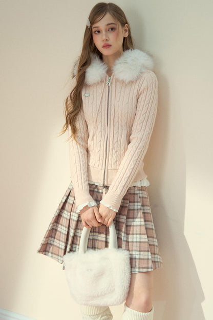 Milk Powder Fur Collar Knit Jacket