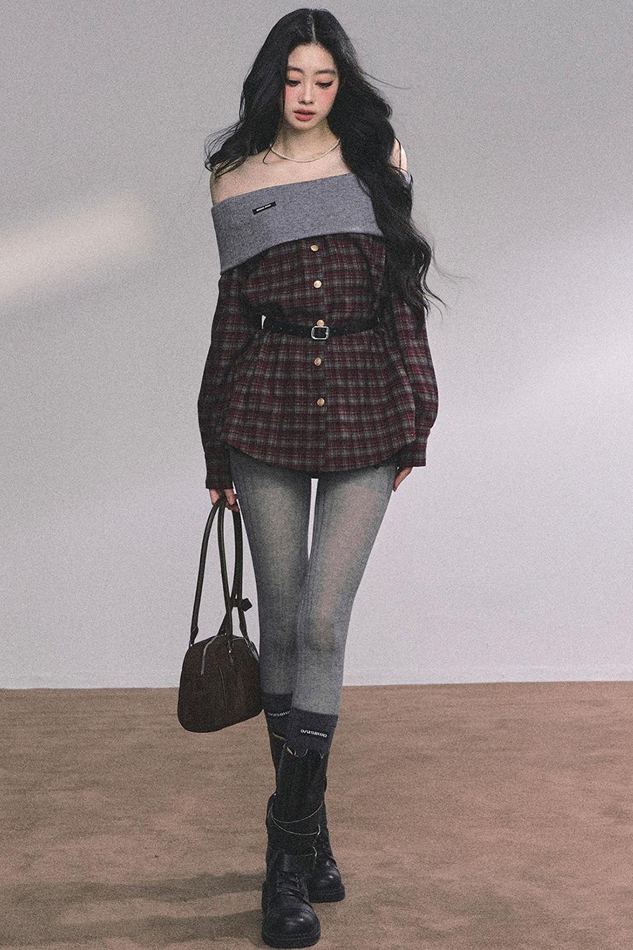 Autumn Waist Slimming Plaid Knit Top