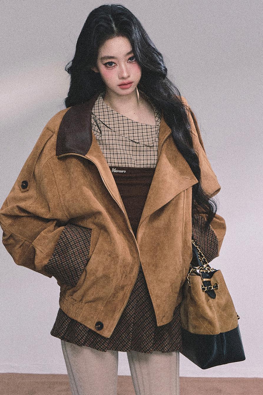 Knitted Long-Sleeved Plaid Top