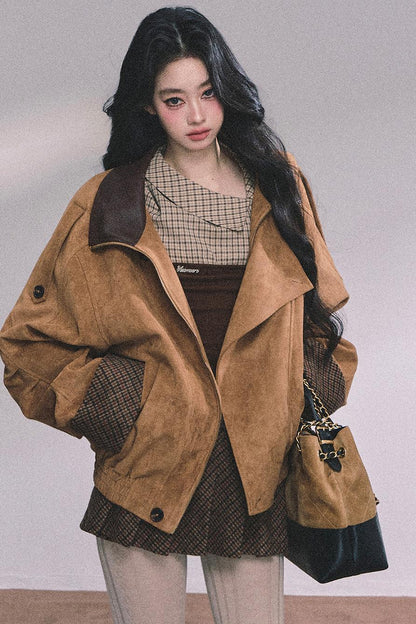 Knitted Long-Sleeved Plaid Top