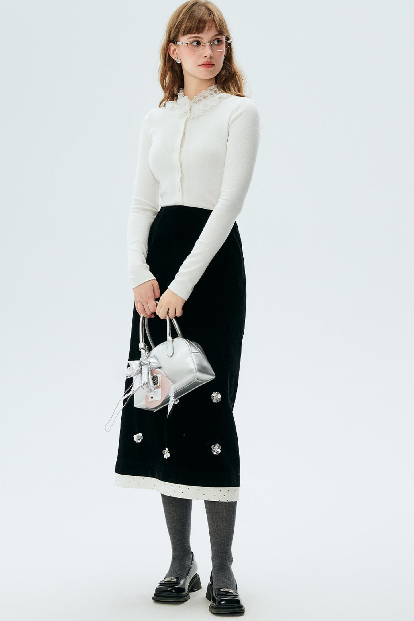 Polka Dot Edge Jacquard Midi Skirt