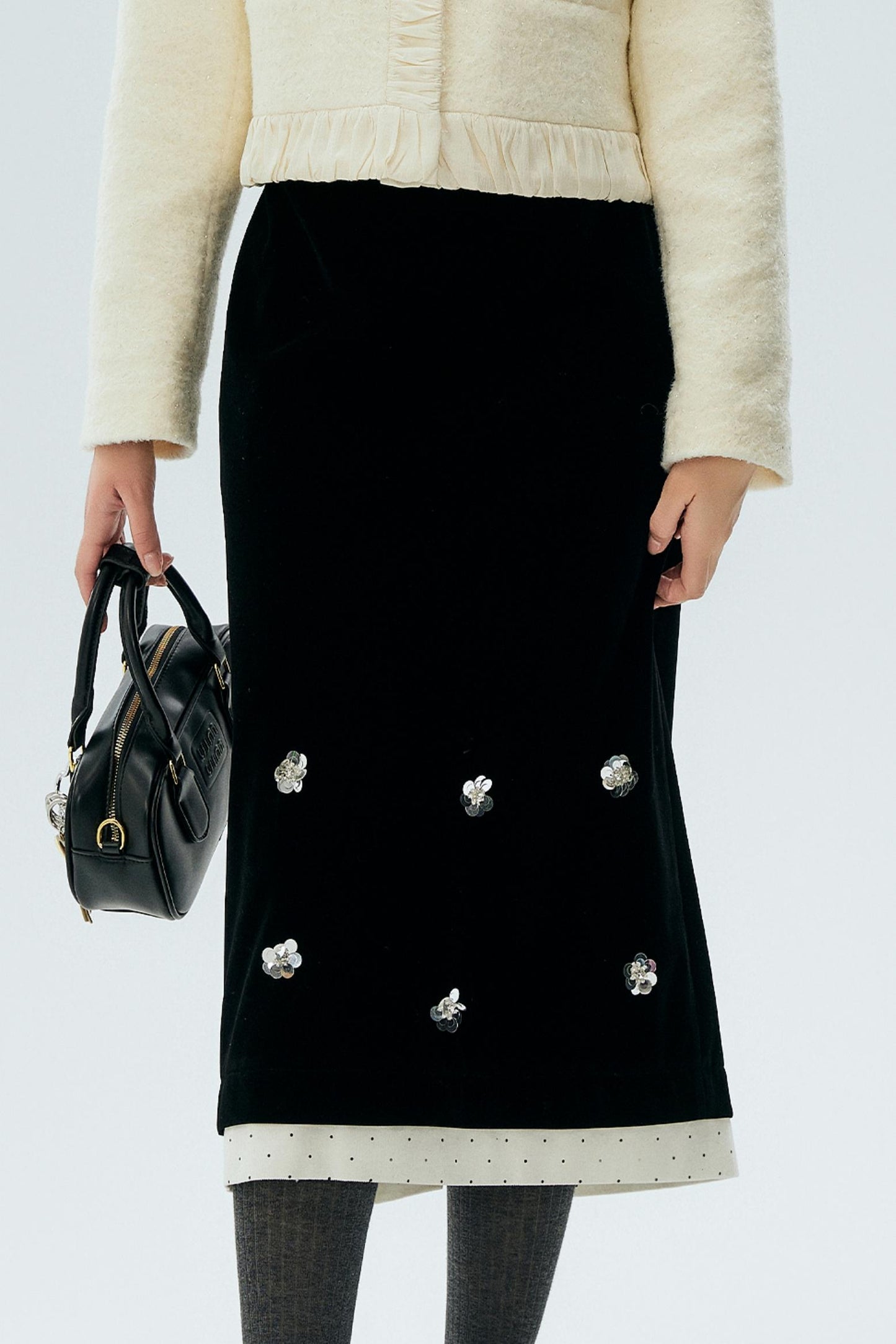 Polka Dot Edge Jacquard Midi Skirt