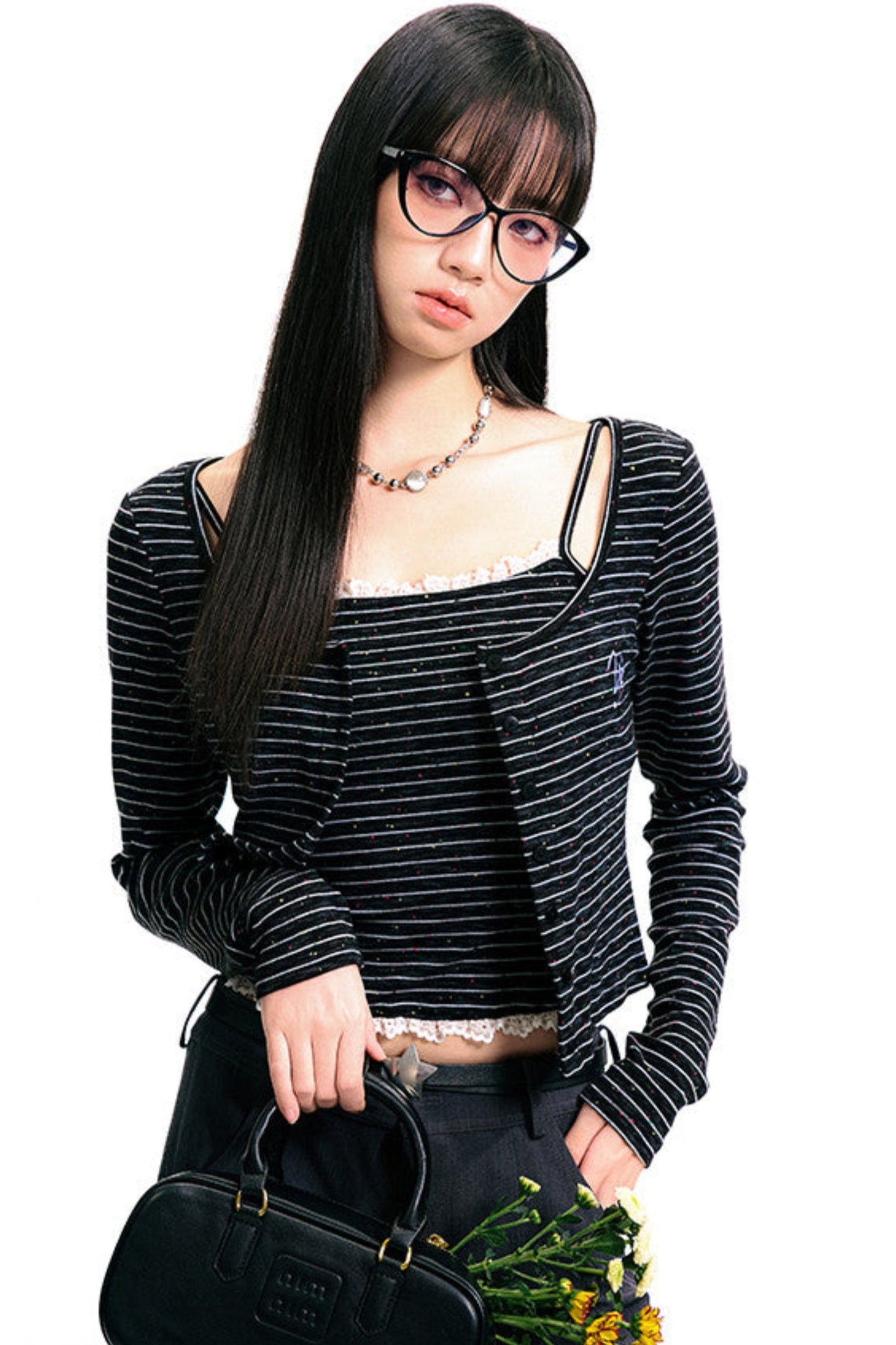 Monochrome Pinstripe Camisole Cardigan Set