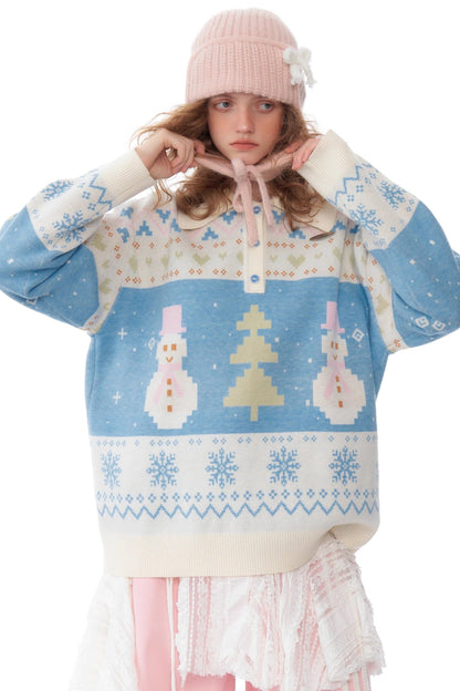 Retro Contrast Snowman Polo Neck Sweater