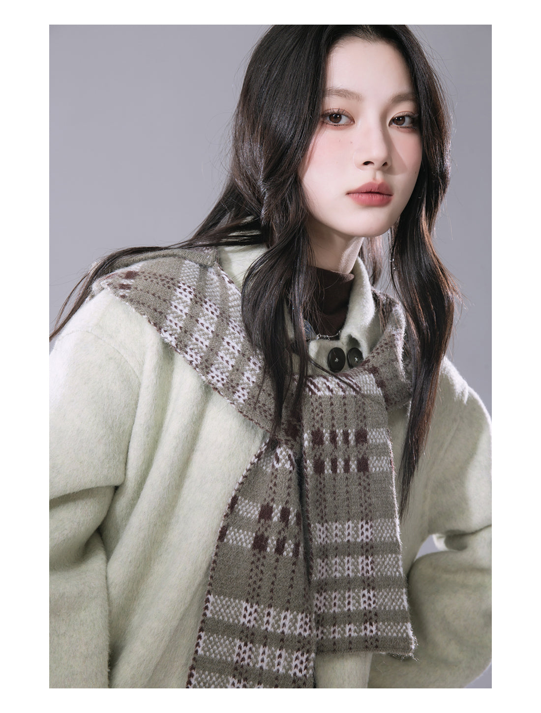 COTRE Yeonnam-dong Street Check Lost Green Wool Hood Collar + Wool Tweed Coat