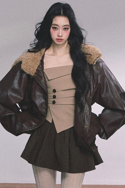 Autumn Navy Lambswool Leather Jacket