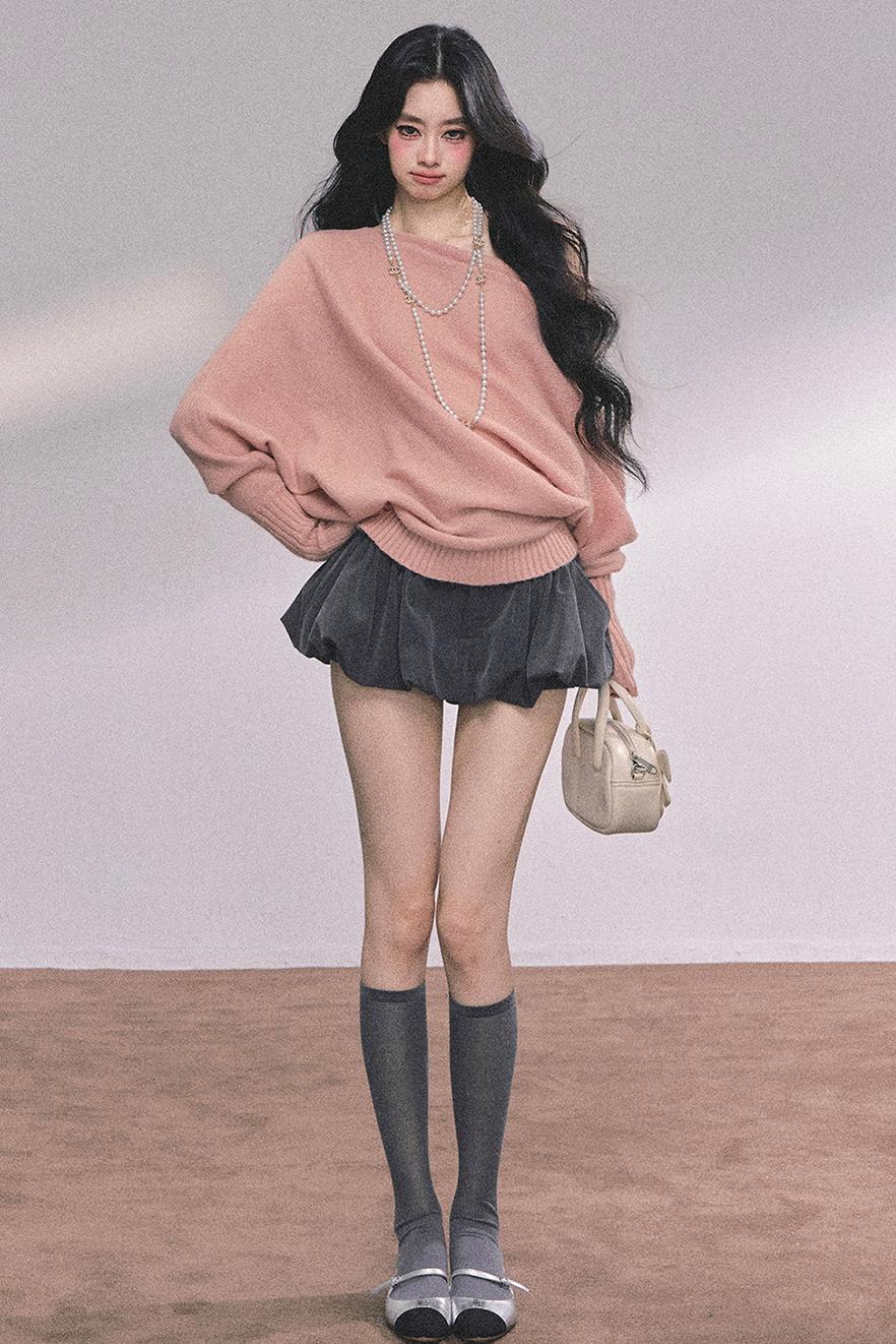 Soft Slanted Shoulder Knitted Sweater