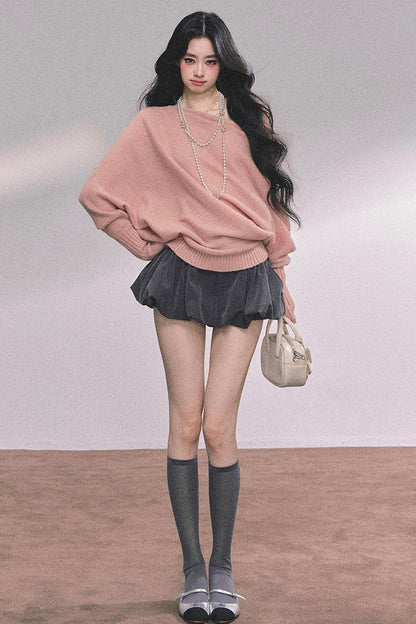 Soft Slanted Shoulder Knitted Sweater