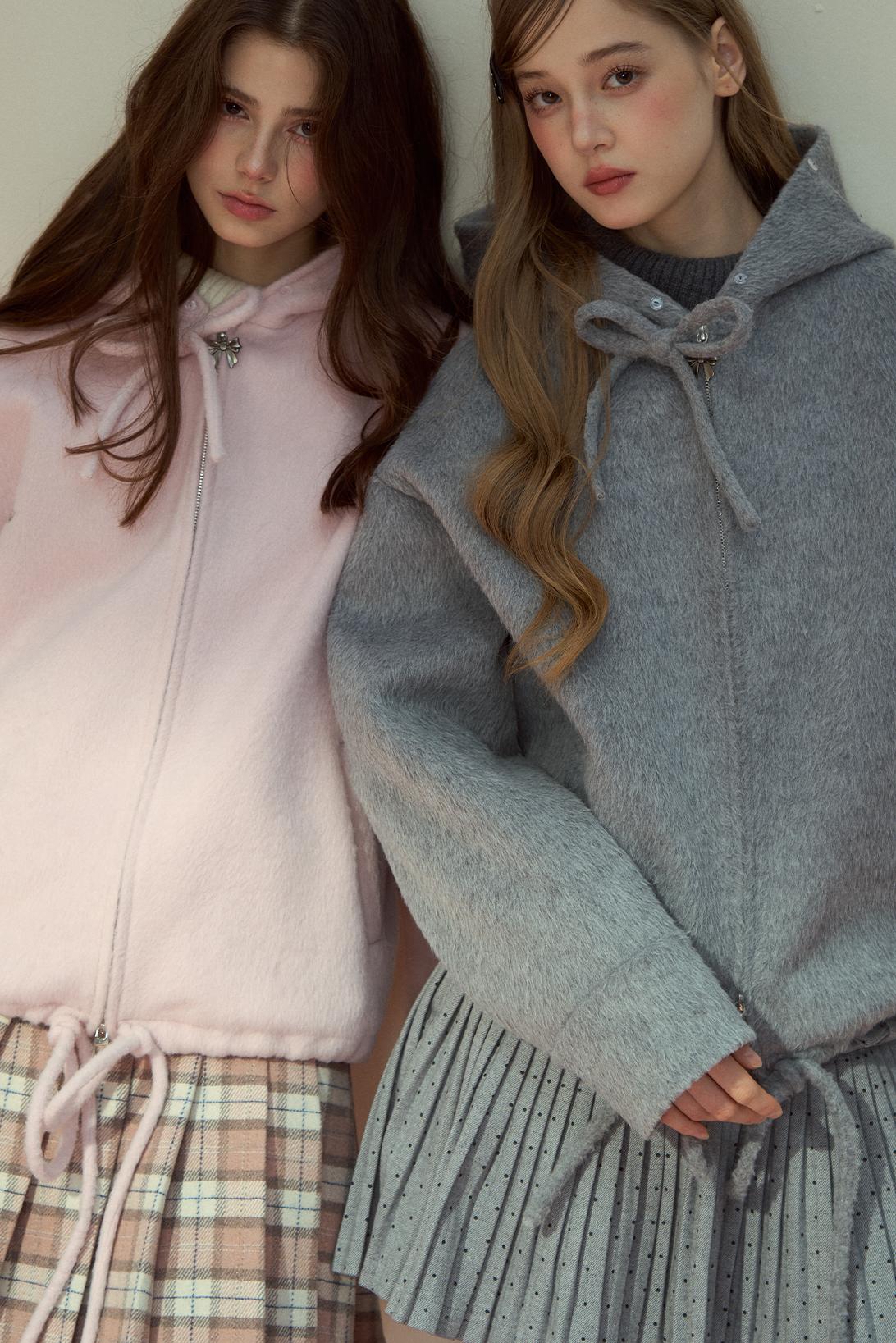 Gray Pink Wool Fur Collar Jacket