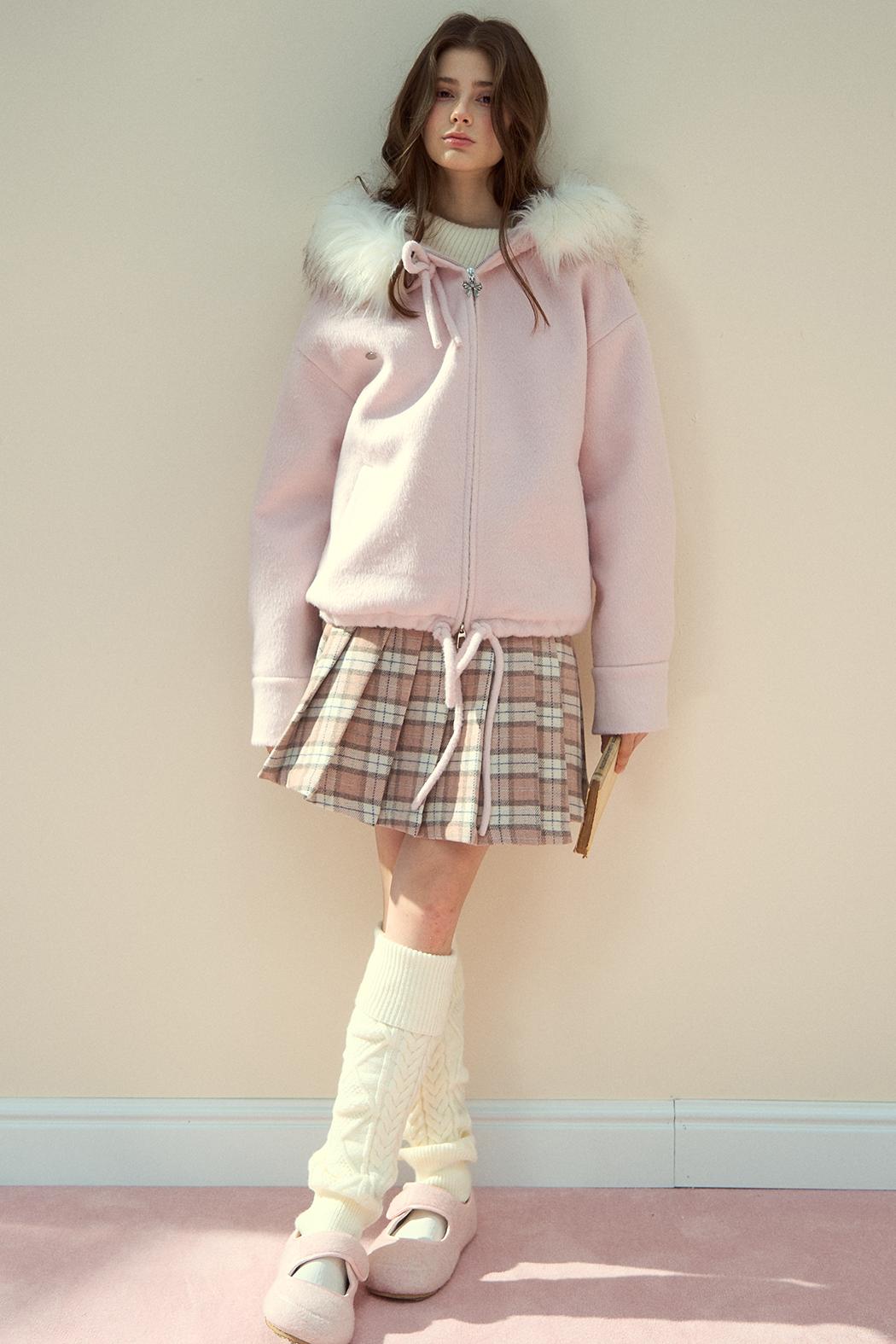 Pink Plaid Wool Pleated Skirt