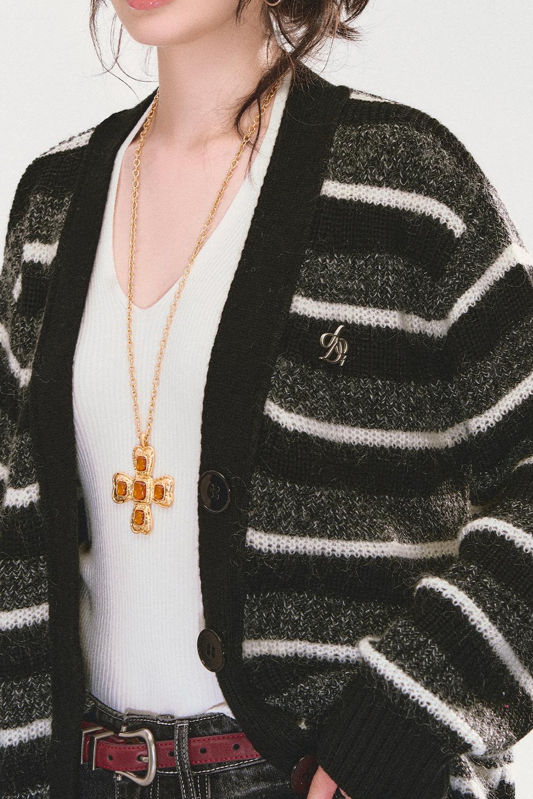 Mohair Striped V-Neck Knit Jacket