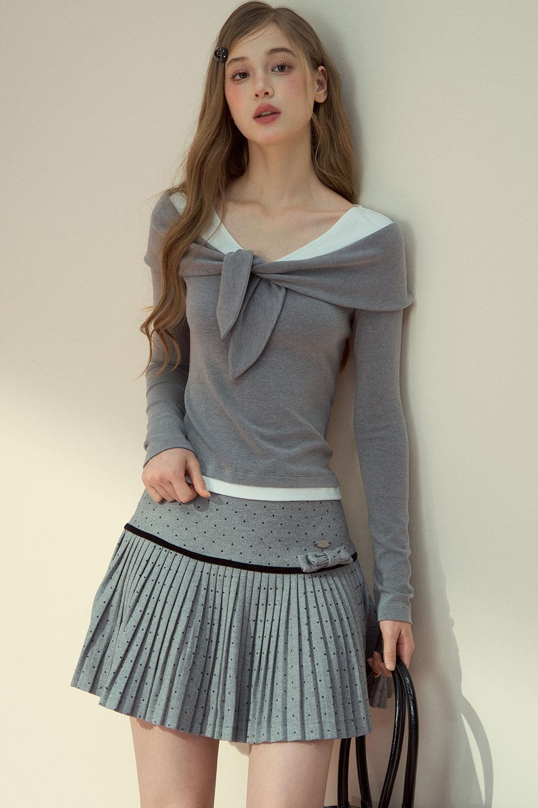 Gray Wool Polka Dot Pleated Skirt