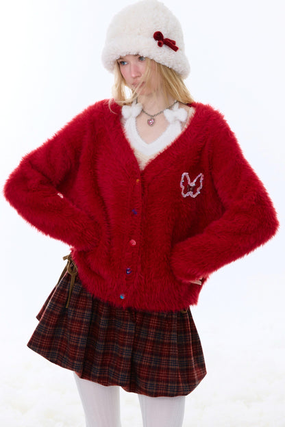 American-Style Red Cardigan Sweater