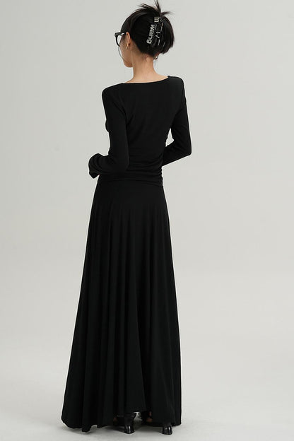 브이넥 블랙 롱 드레스 