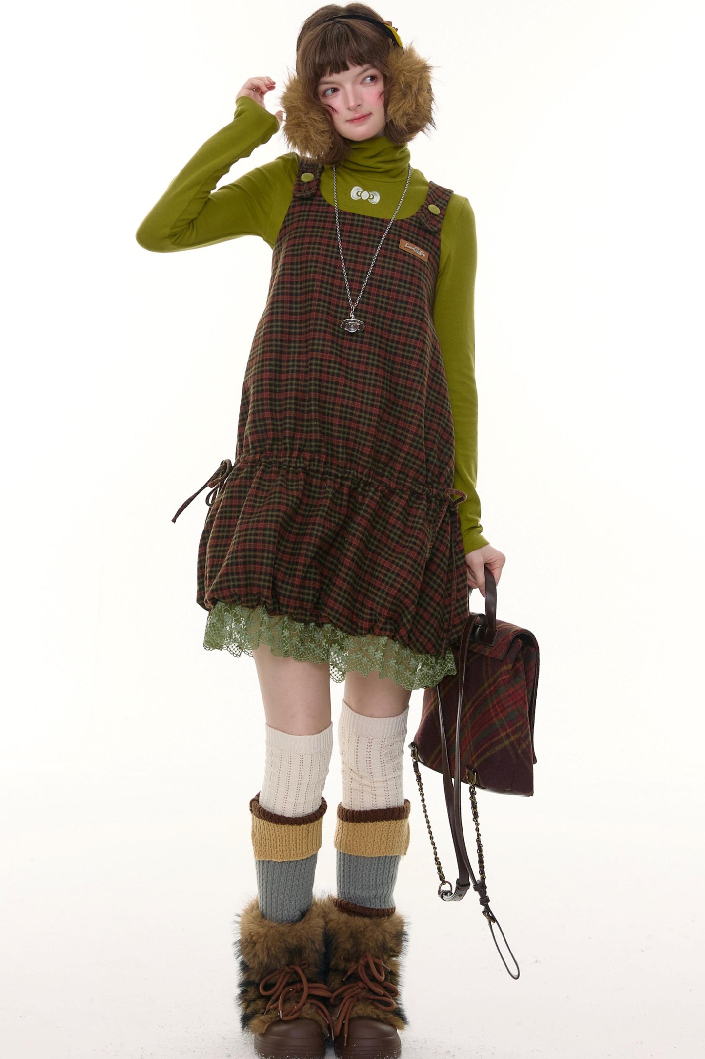 Autumn Retro Lace Plaid Dress