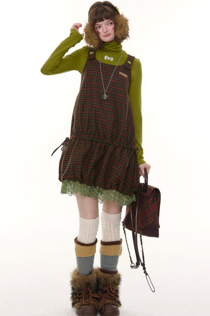 Autumn Retro Lace Plaid Dress