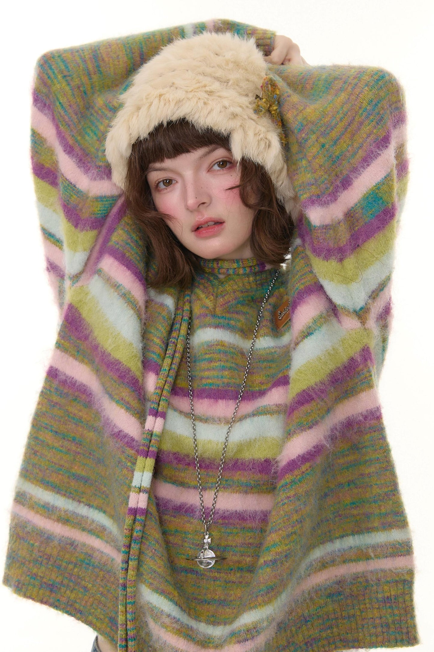 Autumn Winter Color-Blocking Striped V-Neck Sweater