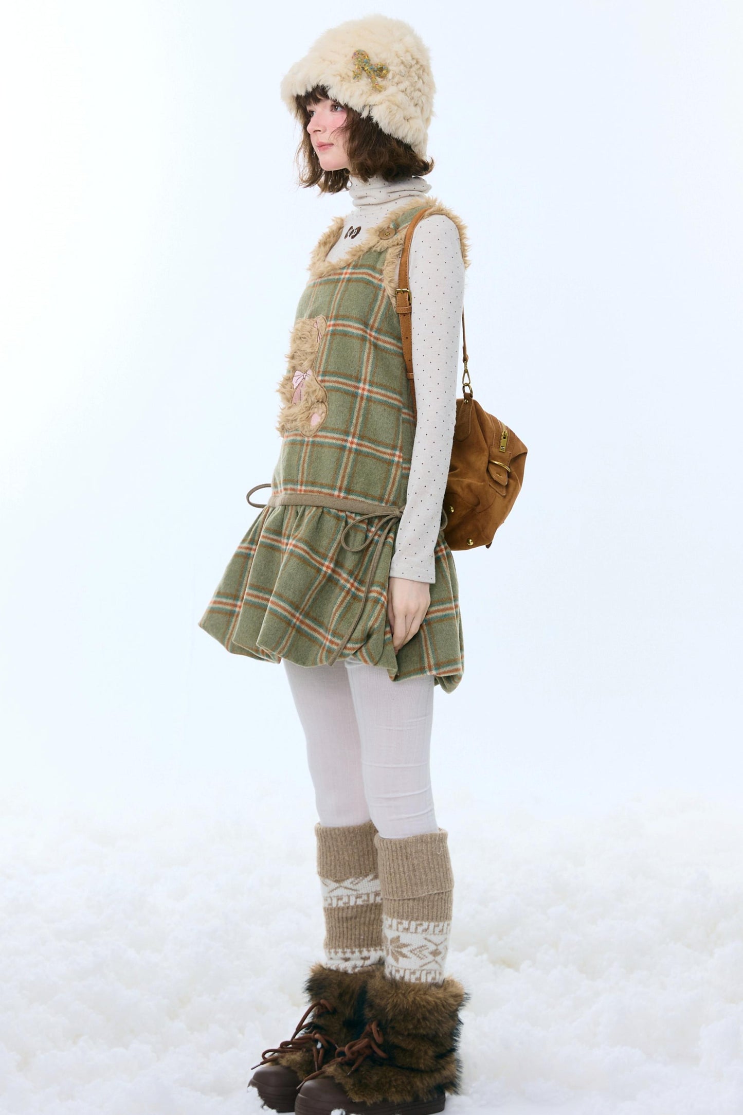 Green Plaid Teddy Vest Dress