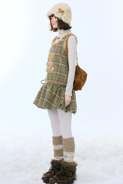 Green Plaid Teddy Vest Dress