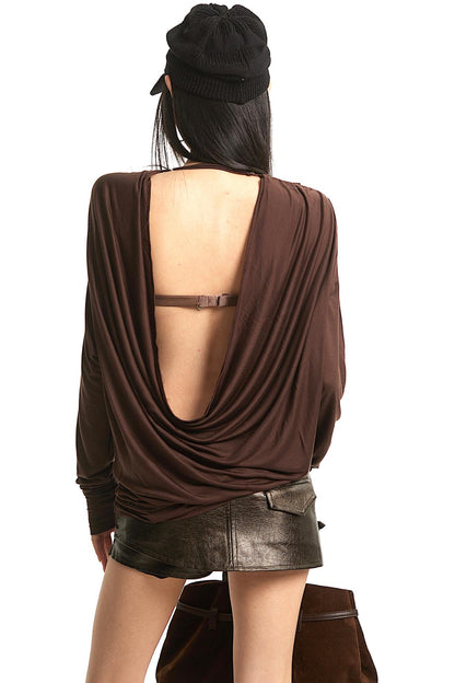 Retro Brown Backless Blouse