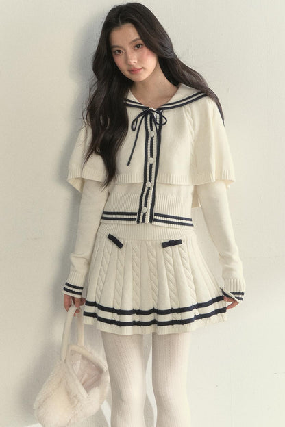 Vintage Navy Twist-Knit Cape Sweater Skirt Set-Up