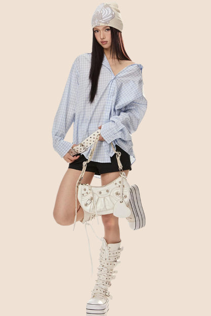 EZEK 아메리칸 레트로 더블 칼라 체크 셔츠 여성용 루즈 슬림 셔츠 재킷 봄 신상 트렌디 브랜드 