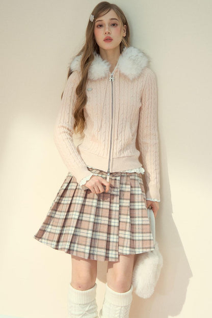Milk Powder Fur Collar Knit Jacket