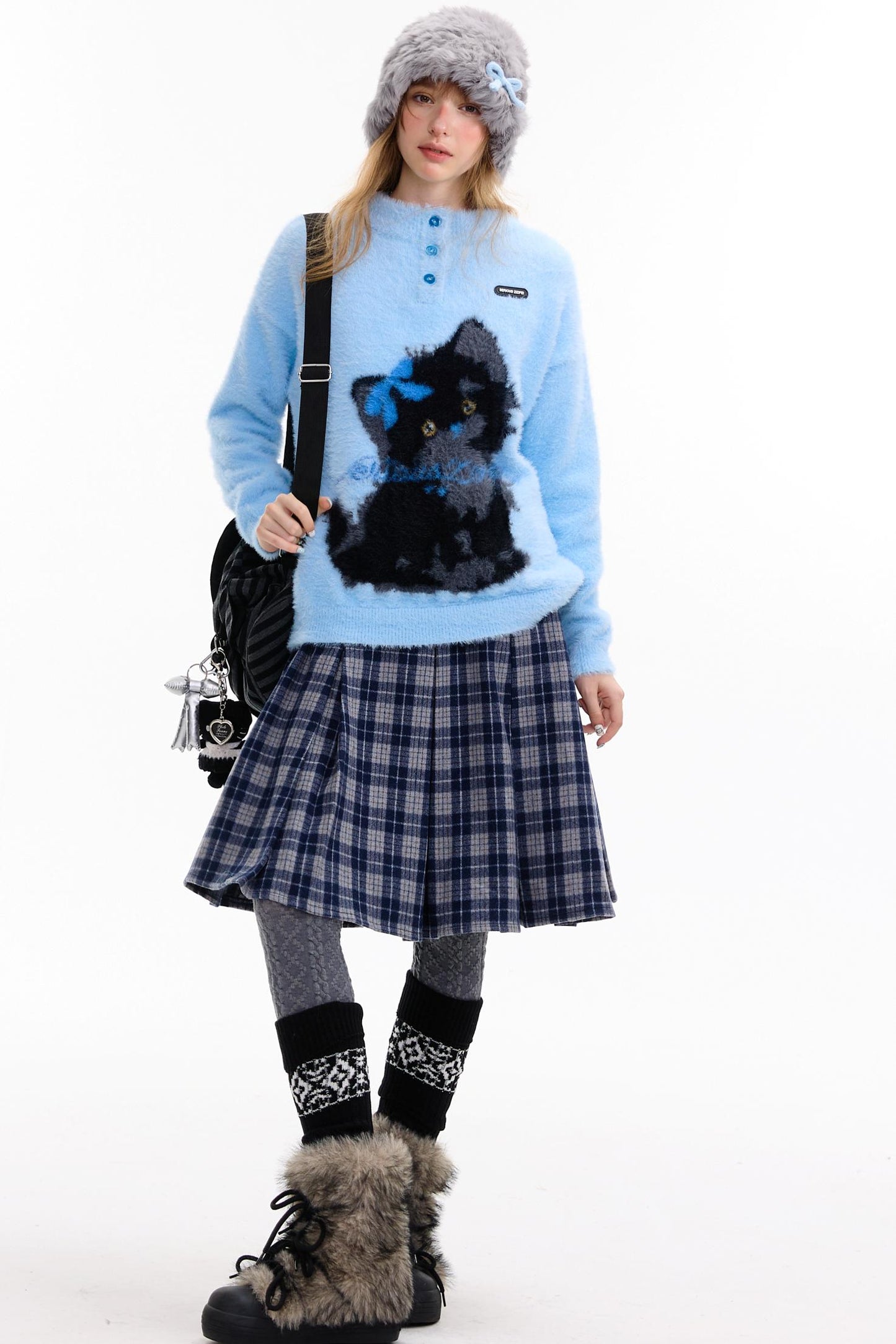 Blauer Katzendruck-Pullover