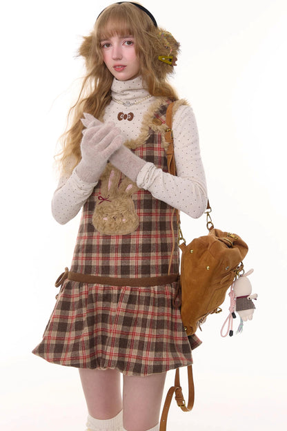 Autumn Reddish-Brown Plaid Rabbit Pocket Vest Dress