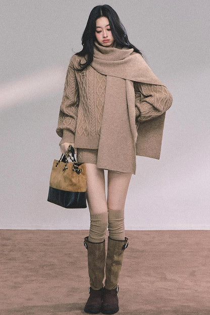 Winter Knitted Scarf Sweater Shorts Set-Up