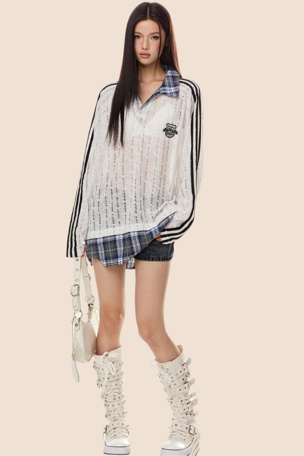 EZEK 아메리칸 레트로 스트라이프 스티칭 대비 약간 투명한 컷아웃 풀오버 스웨트셔츠 여성용 루즈 캐주얼 베이비 탑 타이드 