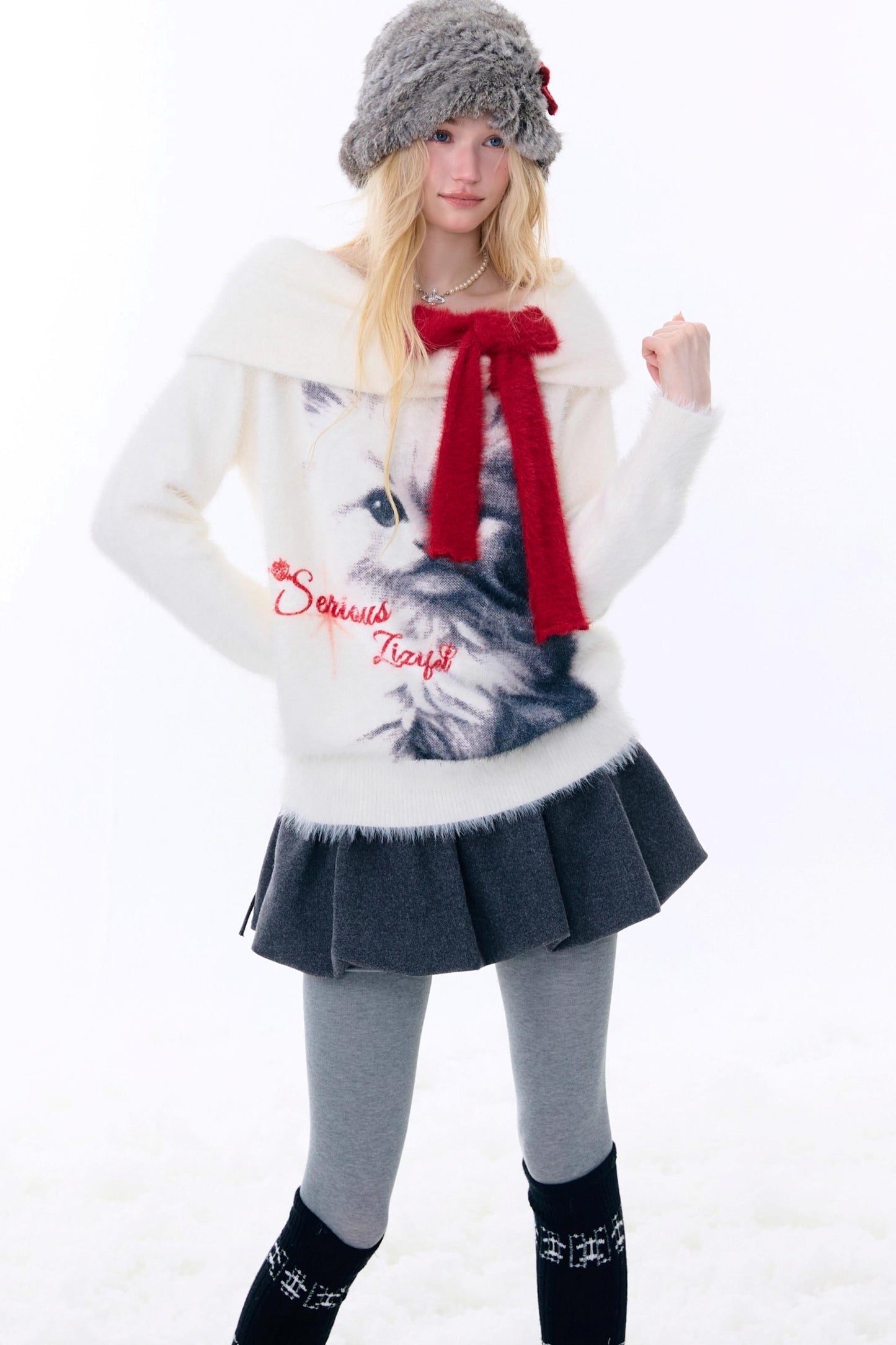 Cat Print Off-Shoulder Sweater