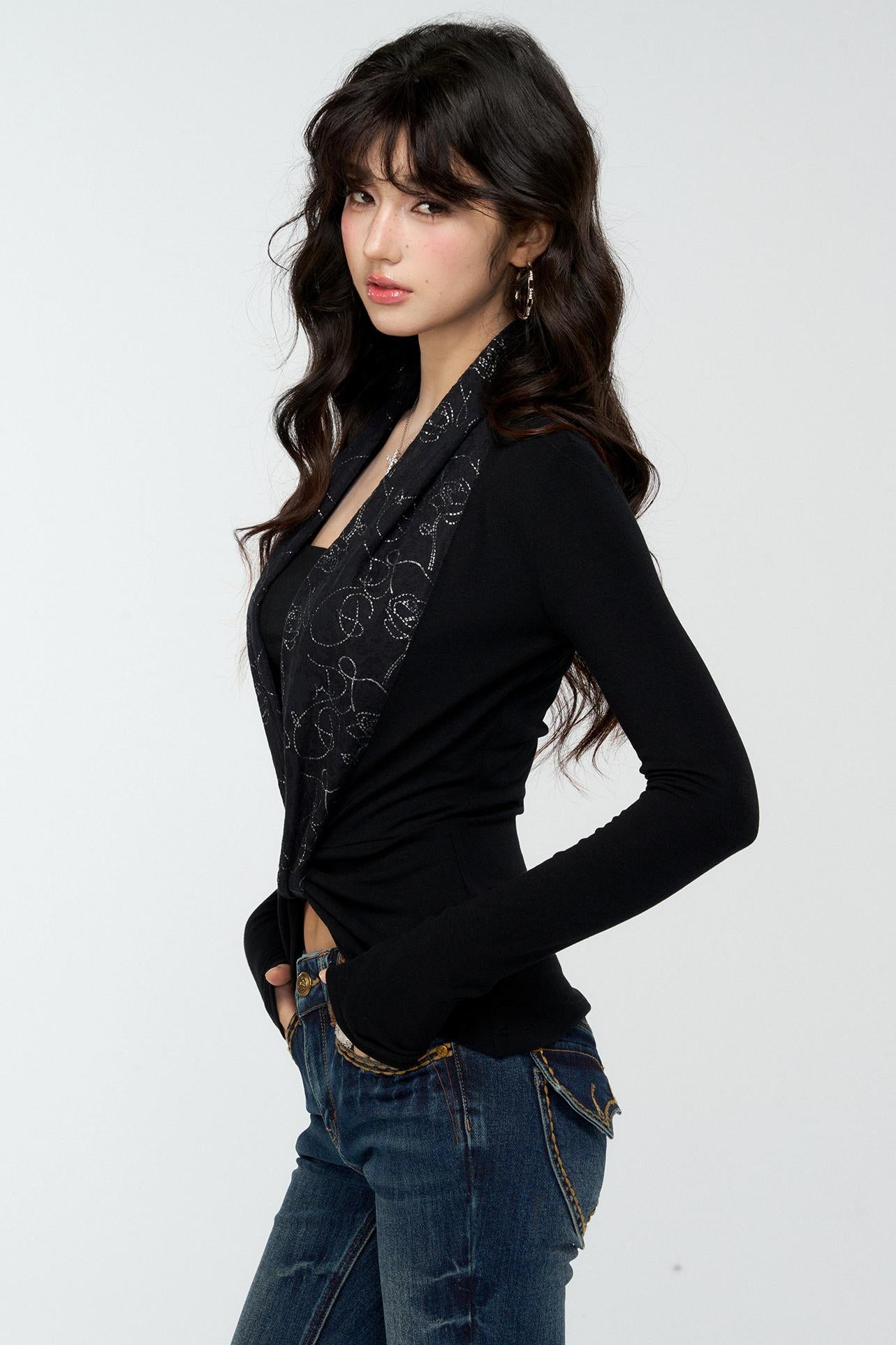 Patchwork Collar Knit Sweater Set