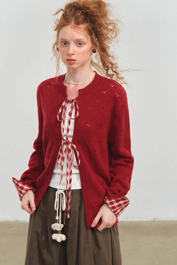 Vintage Plaid Lace-Up Cardigan
