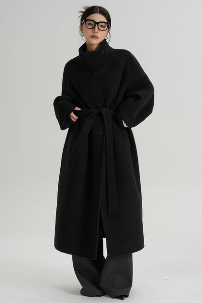 Temperament Diagonal Buckle Wool Coat