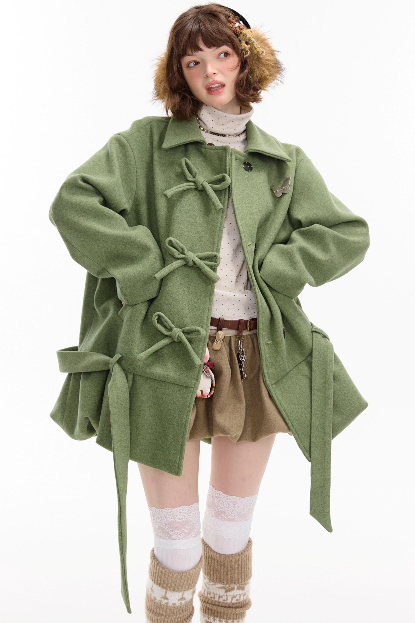American Retro Bow Pocket Woolen Coat