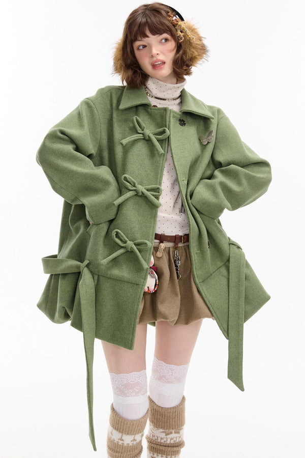 American Retro Bow Pocket Woolen Coat