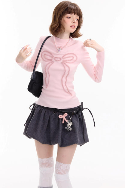 Autumn Bow Slim Knit Shirt