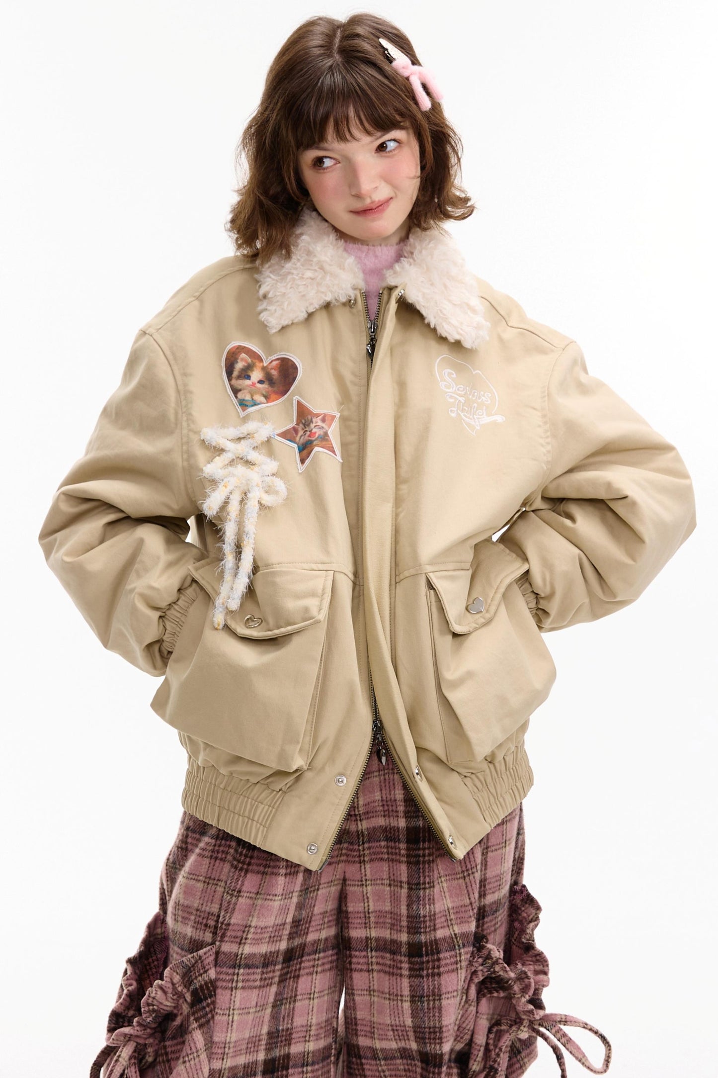 Cat Pattern Workwear Style Slimming Cotton Jacket