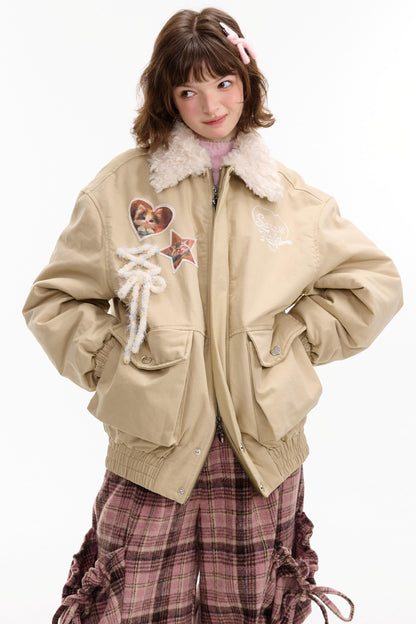 Cat Pattern Workwear Style Slimming Cotton Jacket