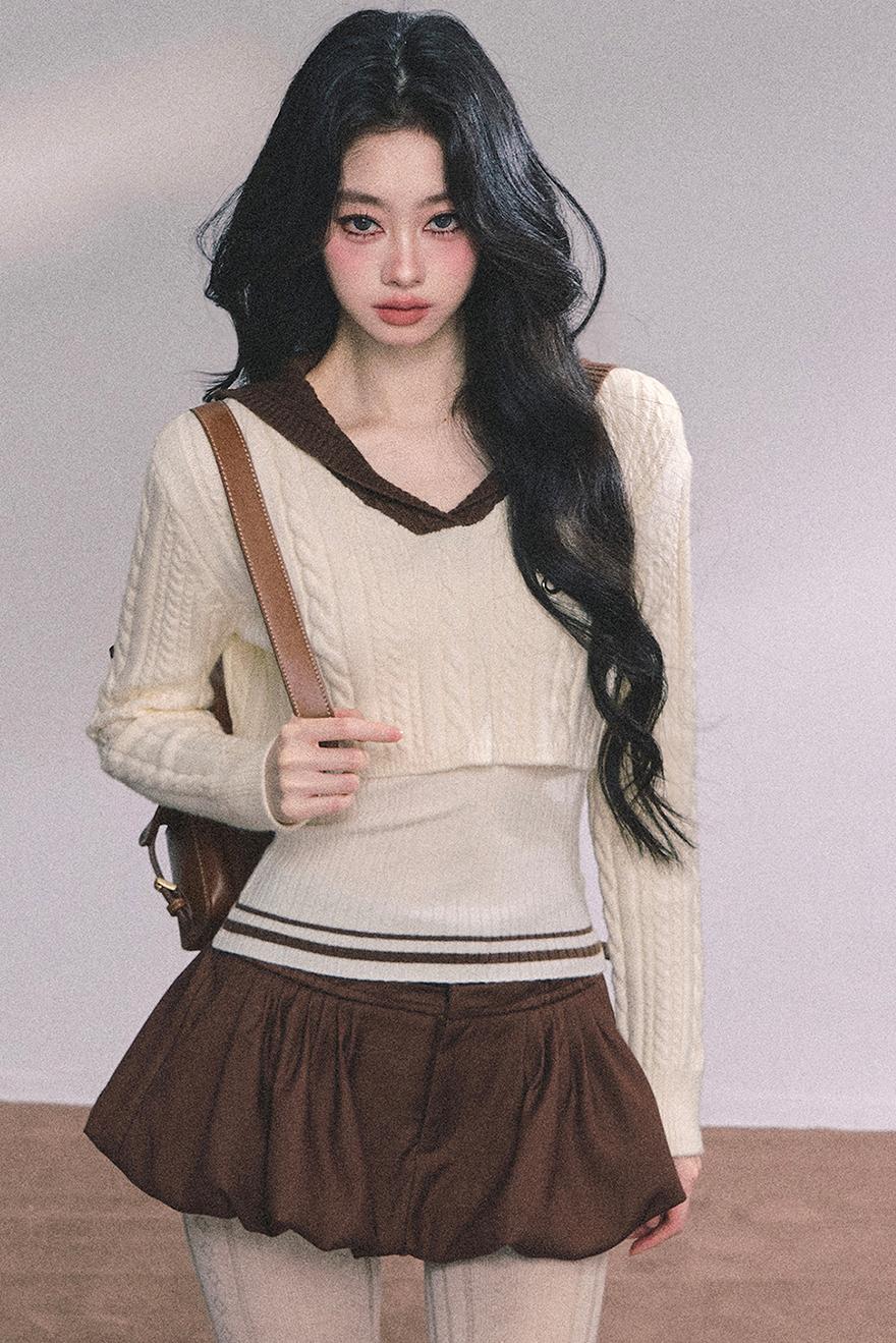 Navy Knitted Sweater Womens Top Set