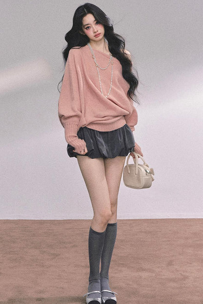 Soft Slanted Shoulder Knitted Sweater