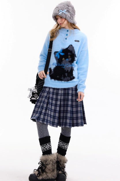 Blauer Katzendruck-Pullover
