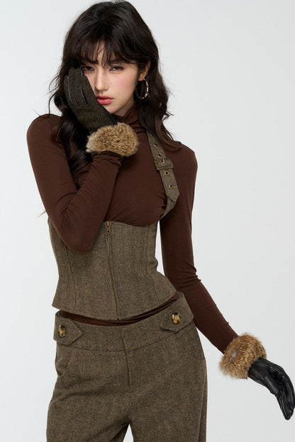 Elegant Woolen Tweed Vest Pants Set-Up
