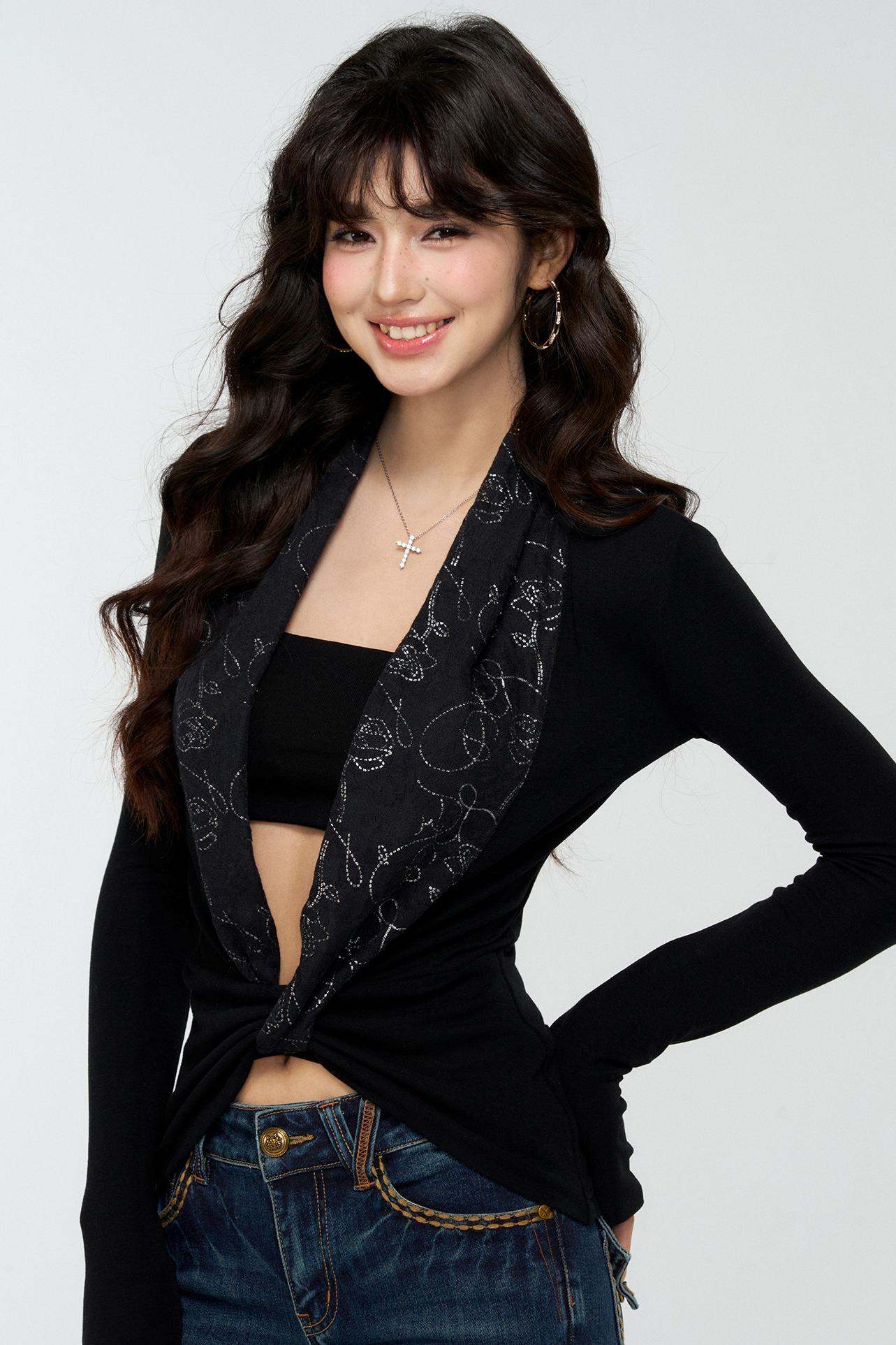 Patchwork Collar Knit Sweater Set