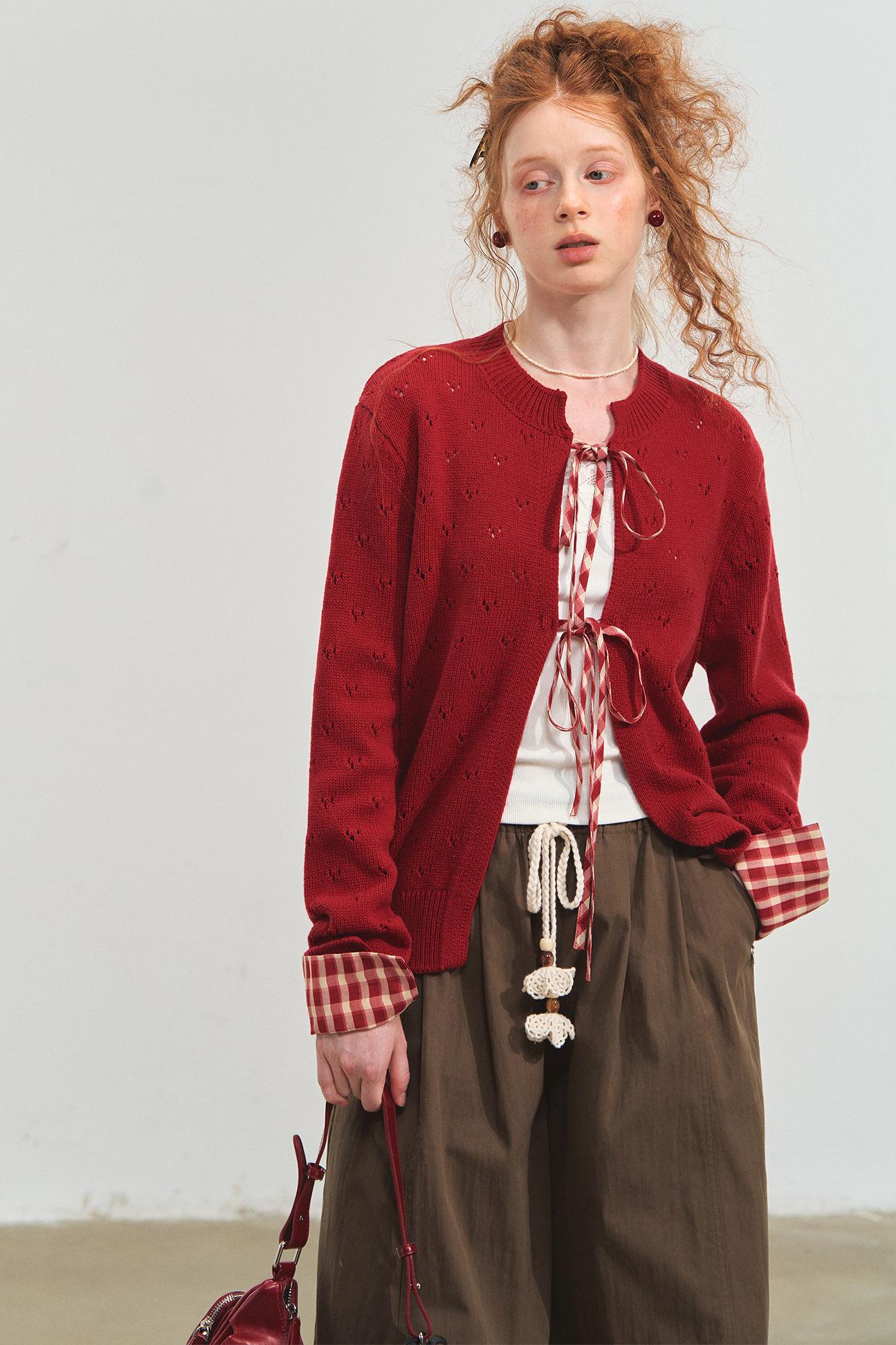 Vintage Plaid Lace-Up Cardigan